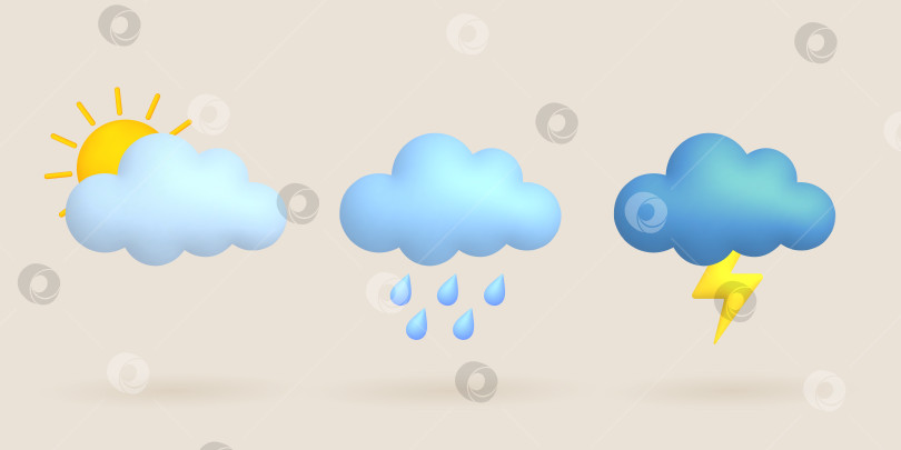 Скачать набор 3d-мультяшных значков погоды. Солнце, облако, дождь, молния, раскат грома фотосток Ozero