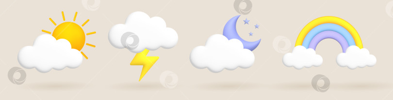 Скачать набор 3d-мультяшных значков погоды. Солнце, луна, звезды; молния; облака, радуга. фотосток Ozero