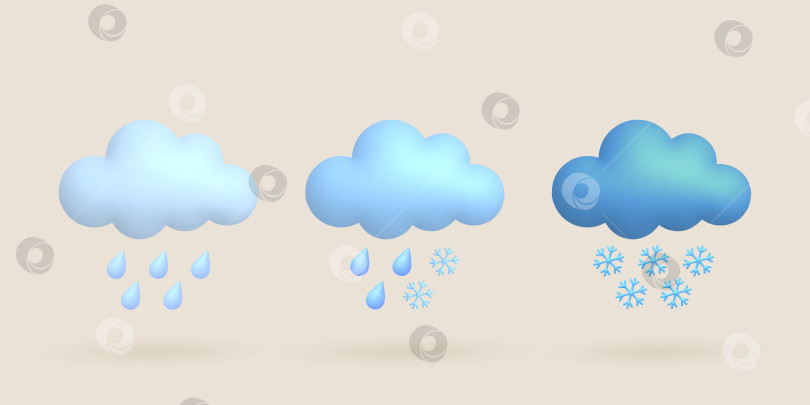 Скачать Набор симпатичных 3d-мультяшных значков погоды. Облако, дождь, снег, дождевая капля, фотосток Ozero