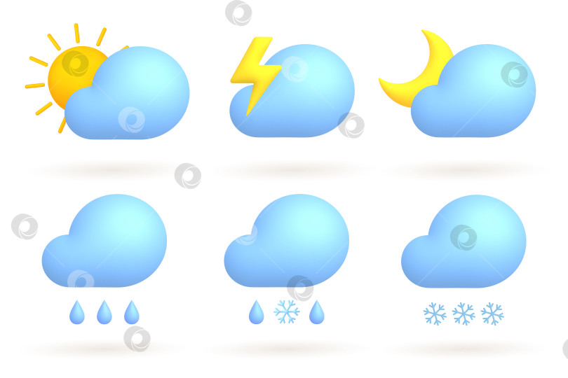 Скачать набор 3d-мультяшных значков погоды. Солнце, луна, молния; облака, дождь, снег. фотосток Ozero