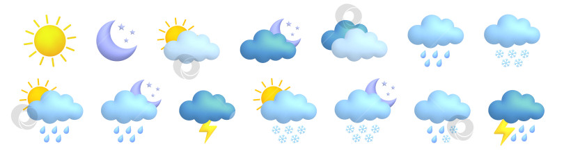 Скачать Большой набор симпатичных 3d-мультяшных значков погоды. Солнце, луна, радуга, молния, облако, дождь, снег, ветер, гроза. фотосток Ozero