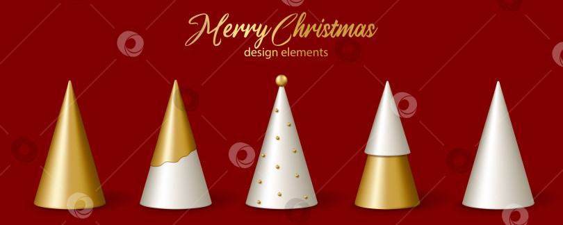 Скачать Рождественский и новогодний декор. Набор 3D реалистичных золотых и белых рождественских елок. фотосток Ozero