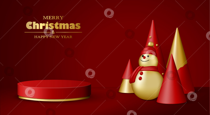Скачать Рождественская 3d-сцена с красно-золотой платформой-подиумом, снеговиком и фотосток Ozero