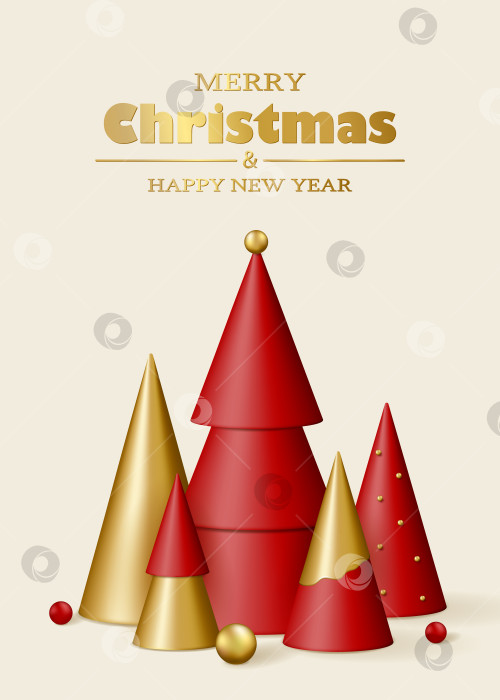 Скачать Поздравительная открытка с Рождеством и Новым годом. 3D реалистичные золотые и красные декоративные рождественские елки и шары на белом фоне. фотосток Ozero