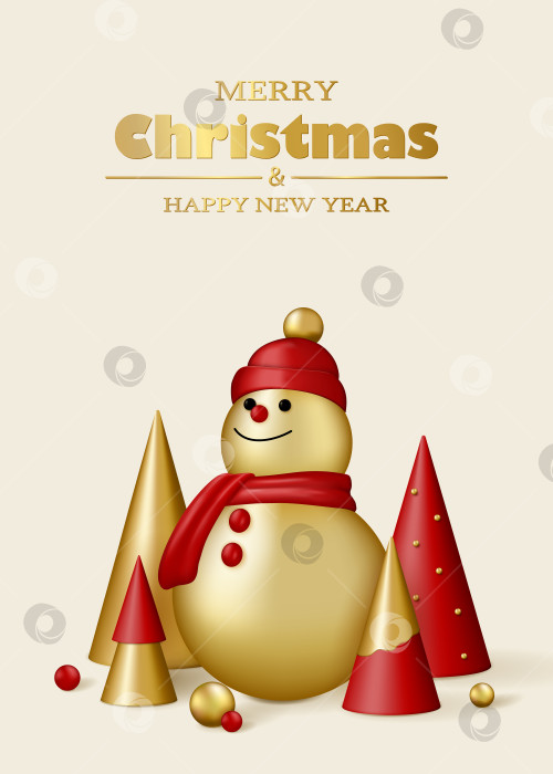 Скачать Поздравительная открытка с Рождеством и Новым годом. Красные и золотые 3D-объекты фотосток Ozero