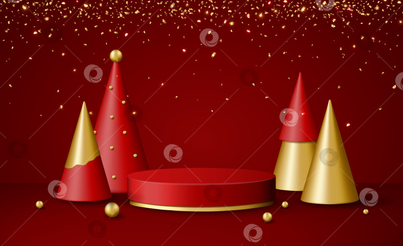 Скачать Рождественская 3d-сцена с красно-золотой платформой подиума, Рождество фотосток Ozero