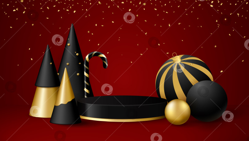 Скачать Рождественская 3d сцена с черно-золотой платформой подиума, шарами, c фотосток Ozero