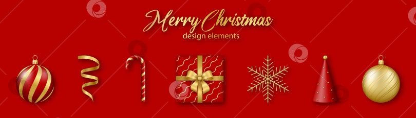 Скачать Элементы рождественского и новогоднего дизайна. Набор золотых и красных реалистичных 3d-фигур. фотосток Ozero