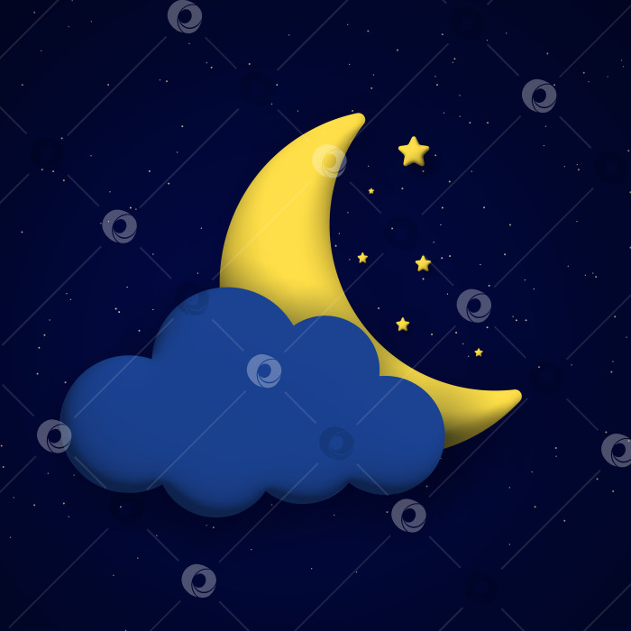 Скачать Симпатичный фон ночного неба с 3d-облаками, луной и звездами. Площадь фотосток Ozero