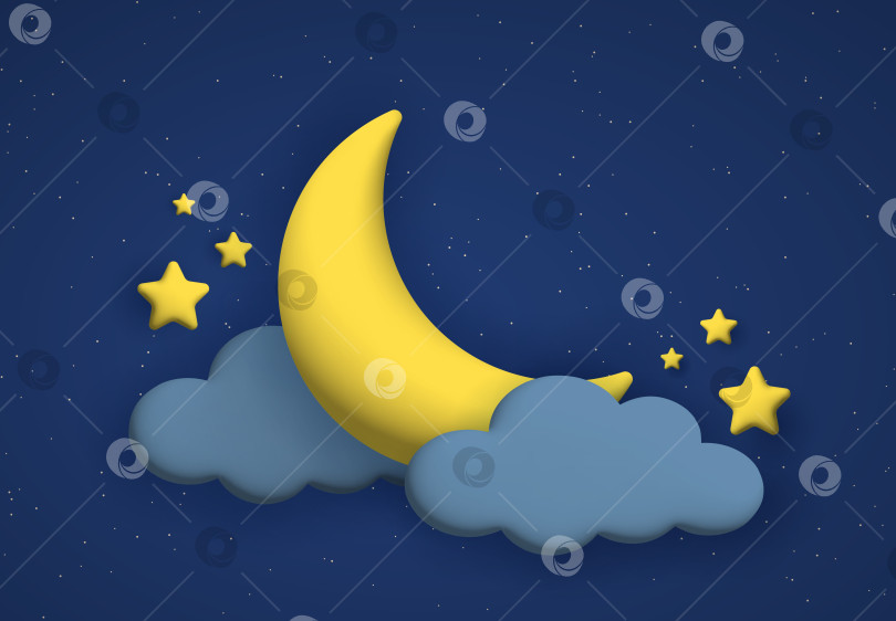 Скачать Симпатичный фон ночного неба с 3d-облаками, луной и звездами. фотосток Ozero