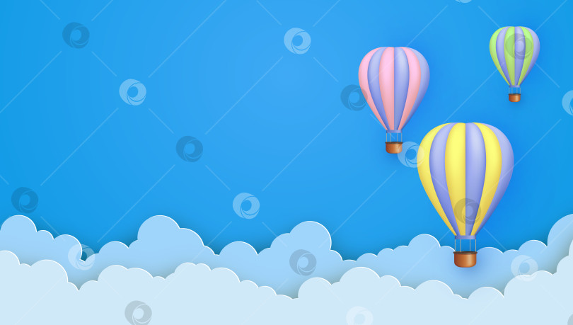 Скачать Красивые 3D воздушные шары, летящие над облаками по голубому небу. фотосток Ozero