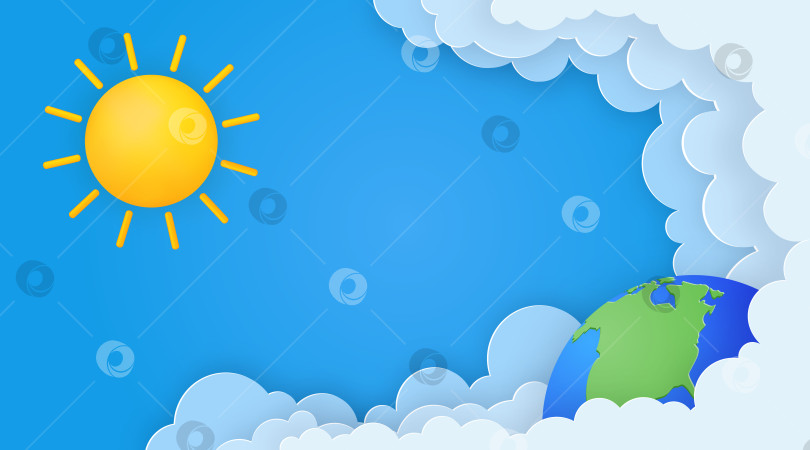 Скачать Симпатичный летний баннер с солнцем, бумажными облаками и планетой Земля на bl фотосток Ozero