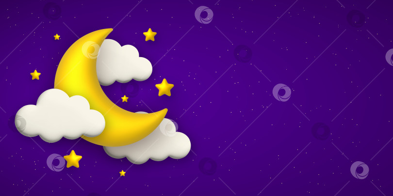 Скачать Фон ночного неба с милыми 3d-облаками, золотой луной и звездами. фотосток Ozero