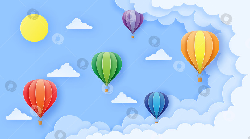 Скачать Красивые воздушные шары, летящие над пушистыми облаками в голубом небе, чтобы фотосток Ozero