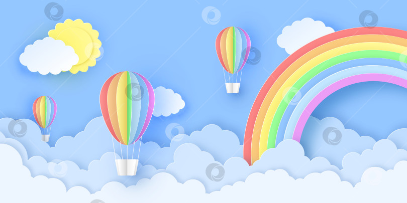 Скачать Красивые воздушные шары, летящие над пушистыми облаками в небе фотосток Ozero
