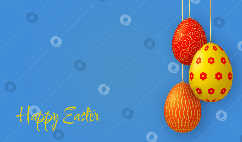 Скачать Поздравительная открытка с Пасхой. Яркие 3D яйца, подвешенные на лентах на фотосток Ozero