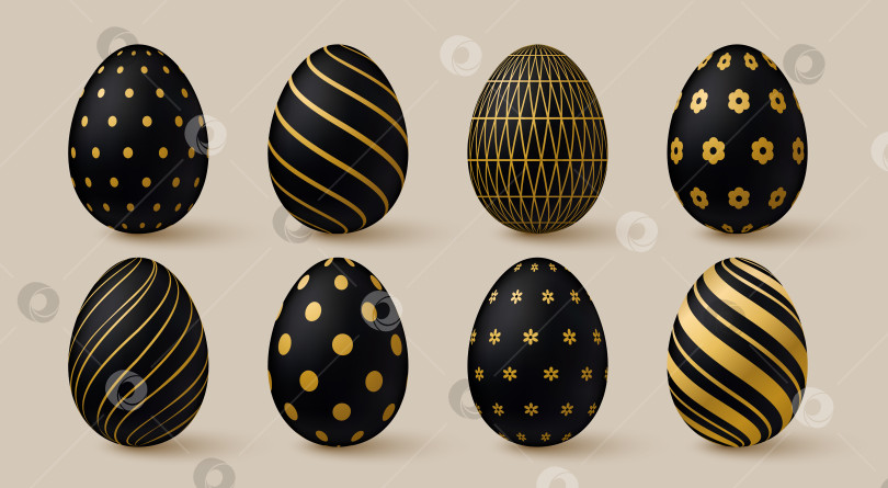 Скачать Коллекция пасхальных яиц. Черные и золотые элементы элегантного трехмерного дизайна. фотосток Ozero