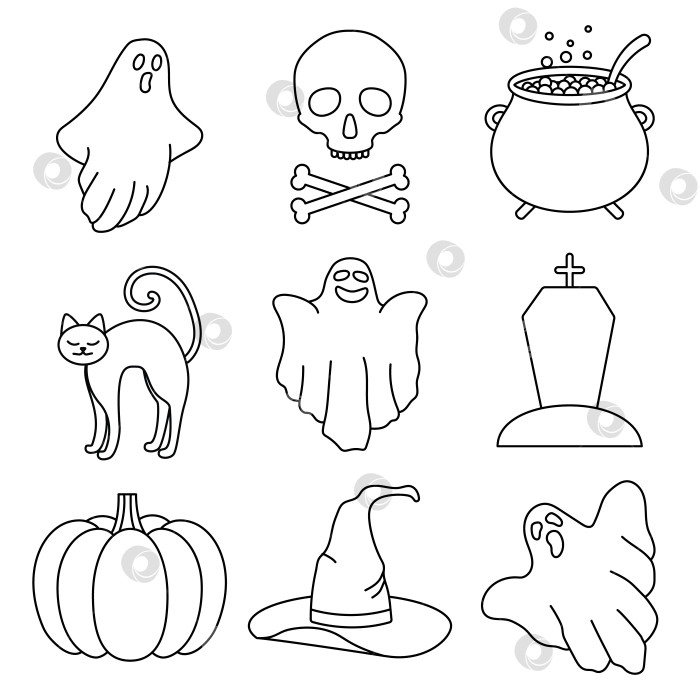 Скачать Набор для Хэллоуина из 9 нарисованных от руки элементов в стиле каракулей. фотосток Ozero