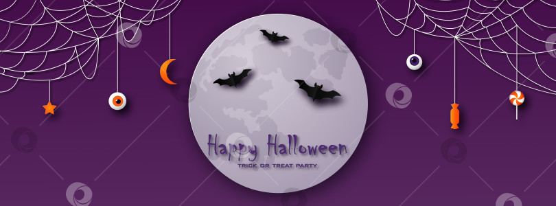 Скачать Поздравительная открытка с Хэллоуином в стиле вырезки из бумаги. Луна, летучие мыши и фотосток Ozero