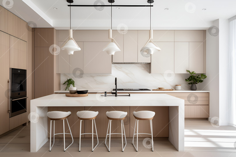 Скачать Светлая минималистская кухня бежево-белого цвета фотосток Ozero