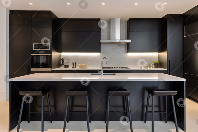 Скачать Темная минималистская кухня в черном цвете фотосток Ozero