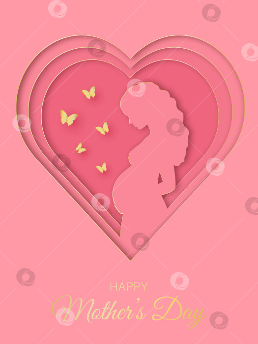 Скачать Поздравительная открытка с Днем матери в стиле вырезки из бумаги. Красивая беременная женщина и золотые бабочки на розовом фоне. фотосток Ozero