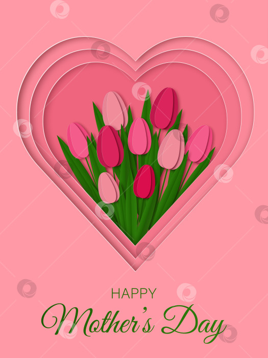 Скачать Поздравительная открытка с Днем матери. Красивые тюльпаны в розовом сердечке фотосток Ozero