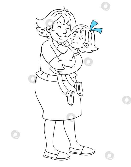 Скачать Счастливая мама держит на руках свою маленькую дочку. Они стоят, обнявшись. Черно-белая картинка с синим акцентом.  Для книжки-раскраски. фотосток Ozero