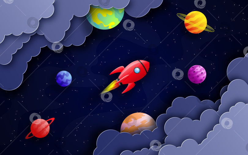 Скачать Космическая открытка в стиле вырезки из бумаги. Ракета летит в космосе среди облаков, звезд и планет. фотосток Ozero