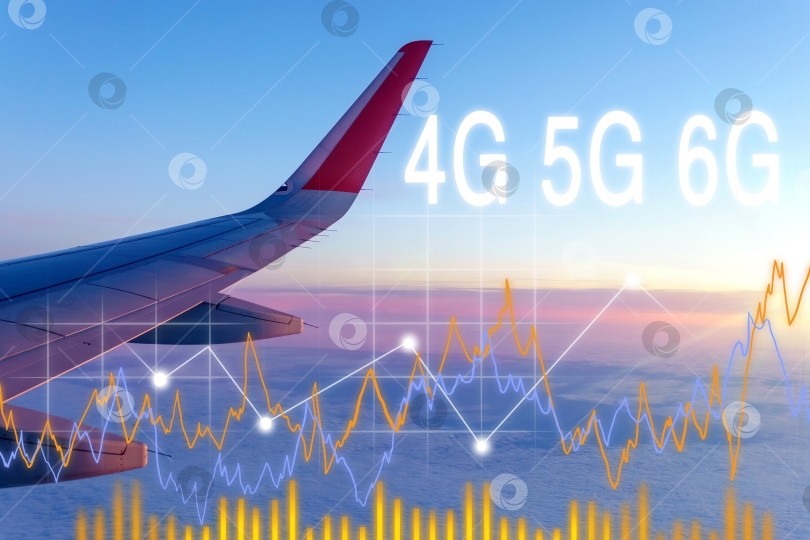 Скачать Мировые телекоммуникации со скоростью 4G, 5G, 6G. Символ технологии на фоне голубого неба. Самолет летит над морем, вид из иллюминатора самолета фотосток Ozero