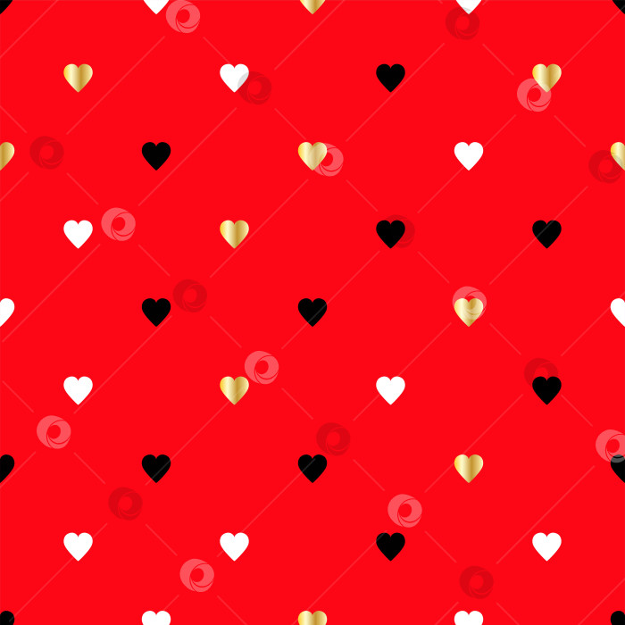 Скачать с днем святого Валентина. Бесшовный узор с золотыми, черными, белыми сердечками и красным фоном фотосток Ozero