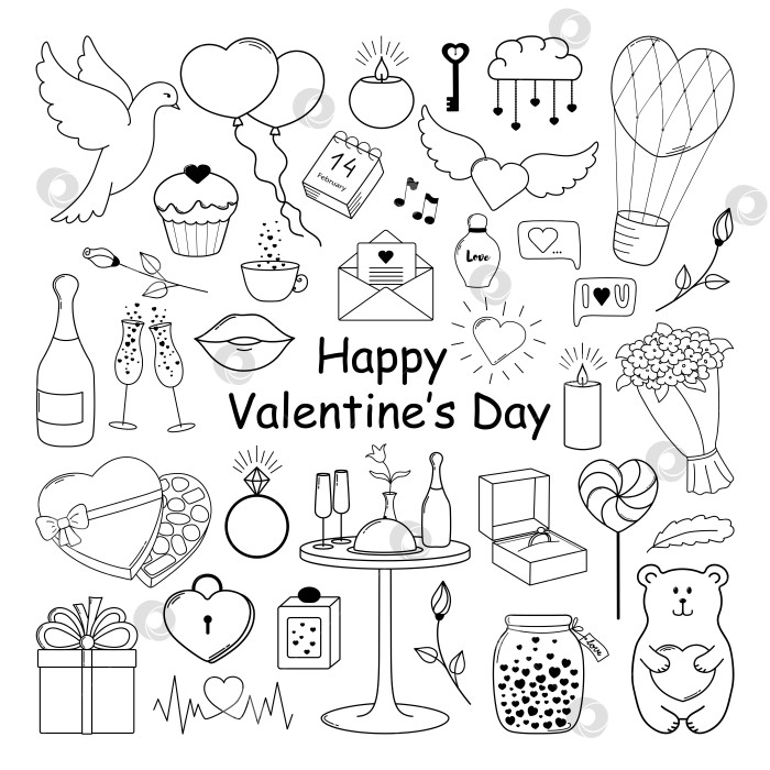 Скачать с днем святого Валентина. Набор симпатичных элементов, нарисованных от руки. фотосток Ozero