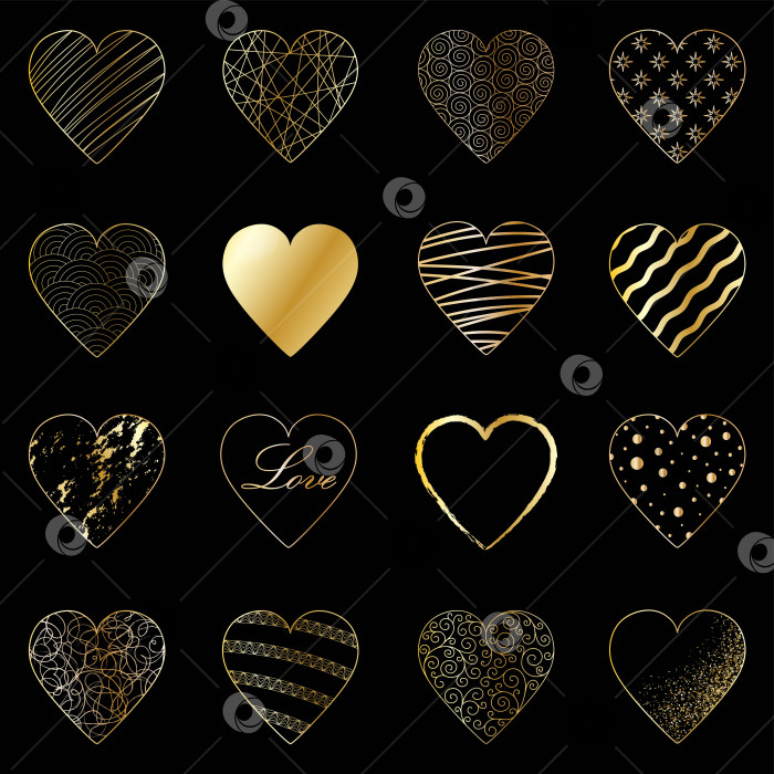 Скачать Набор из 16 элегантных золотых сердечек на черном фоне фотосток Ozero