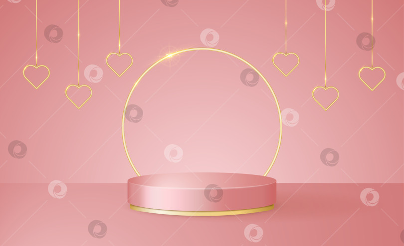 Скачать 3D-сцена с Днем Святого Валентина с розовой и золотой платформой для подиума и гирляндой в виде сердечек. фотосток Ozero