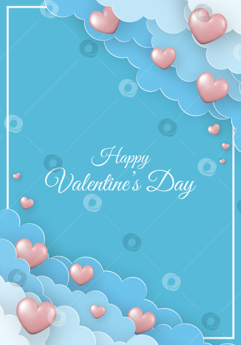 Скачать Поздравительная открытка на День святого Валентина. Бумажные облака и розовые 3d-сердечки на синем фоне. фотосток Ozero