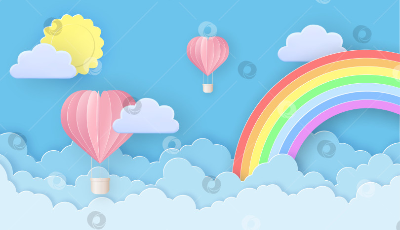 Скачать Красивые воздушные шары, летящие над пушистыми облаками в небе с солнцем и радугой. Поздравительная открытка на День святого Валентина. фотосток Ozero