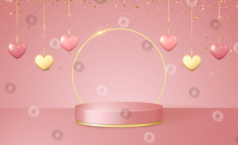 Скачать 3D-сцена "Счастливого дня Святого Валентина" с розовой и золотой платформой для подиума, гирляндами в виде сердечек и конфетти. фотосток Ozero