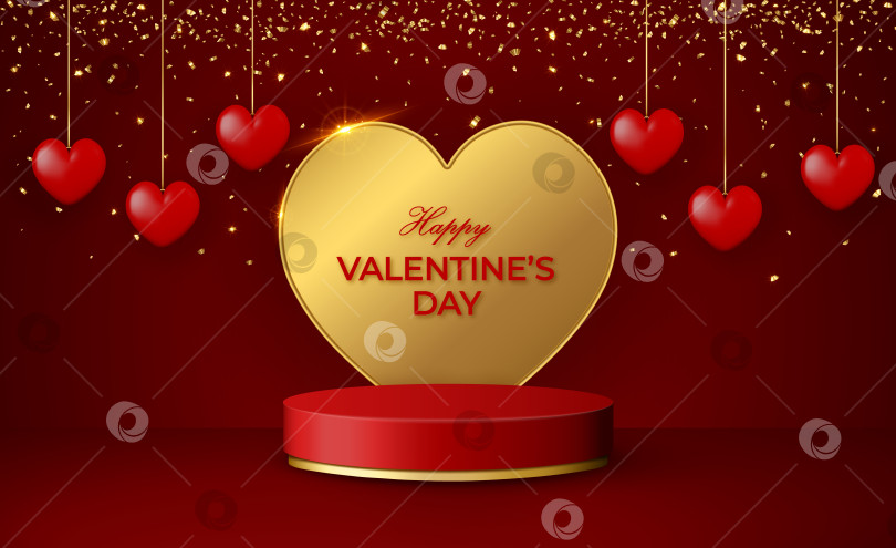 Скачать 3D-сцена "Счастливый день Святого Валентина" с красно-золотой подиумной платформой фотосток Ozero