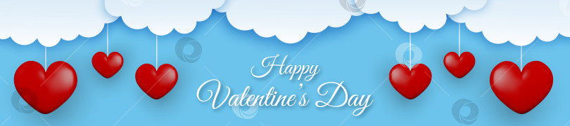 Скачать Горизонтальный баннер с Днем Святого Валентина с облаками и красными 3d-сердечками на синем фоне. фотосток Ozero