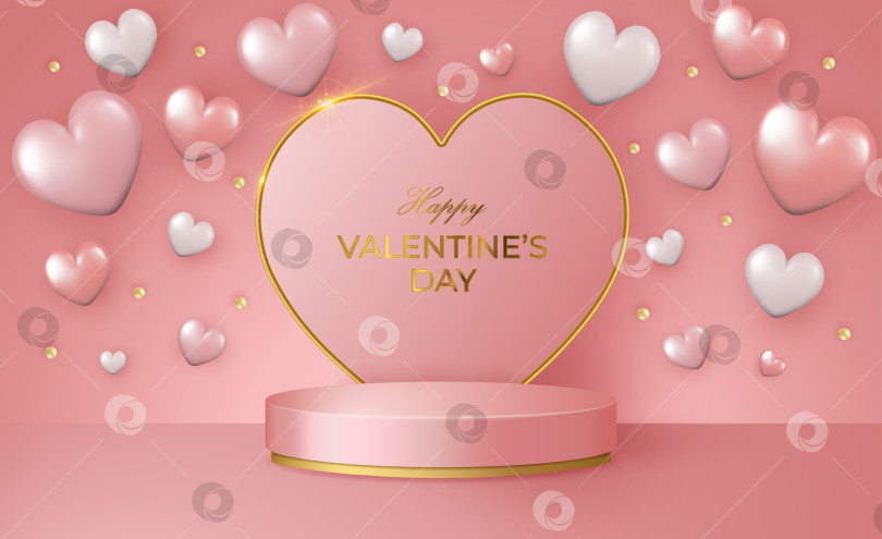 Скачать 3D-сцена с Днем Святого Валентина с розовой и золотой платформой для подиума, сердцем и конфетти. фотосток Ozero