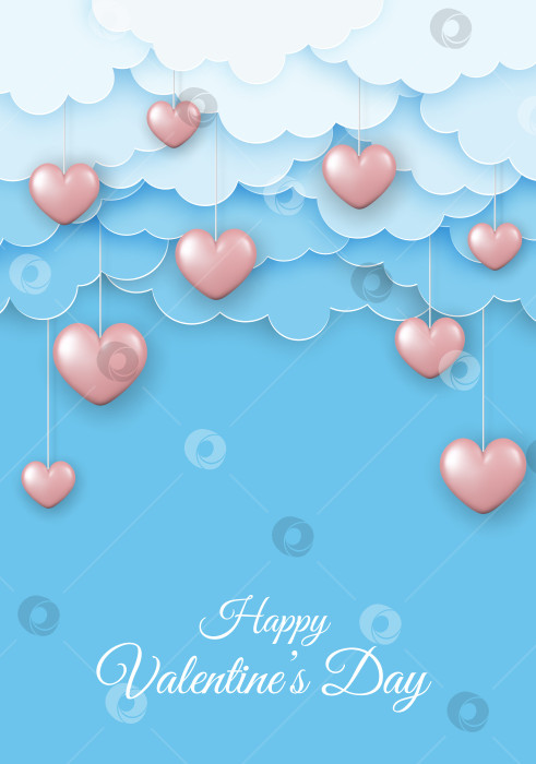 Скачать Поздравительная открытка на День святого Валентина. Бумажные облака и розовые 3d-сердечки на синем фоне. фотосток Ozero