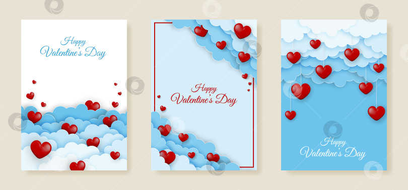 Скачать Набор поздравительных открыток на День святого Валентина. Бумажные облака и красный 3d-звук фотосток Ozero