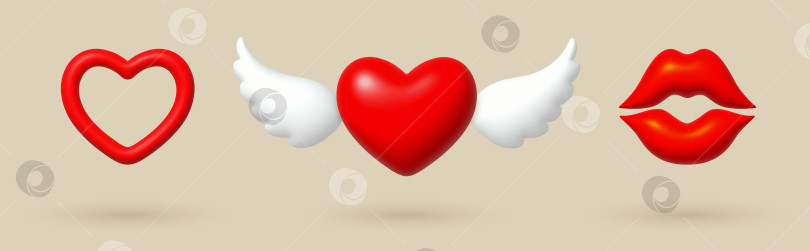 Скачать с днем святого Валентина. Любите 3d-иконки: сердечки и губы. фотосток Ozero