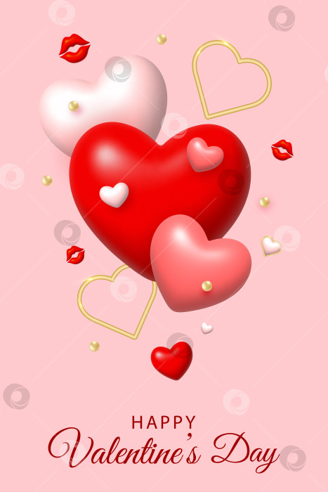 Скачать Открытка с Днем Святого Валентина. Композиция из красных, розовых и золотых 3d сердечек на розовом фоне. фотосток Ozero