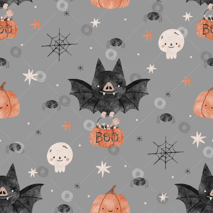 Скачать Дизайн фона с акварельным бесшовным рисунком на Хэллоуин с тыквой, летучей мышью, черепом, пауком и другими страшными или праздничными элементами на сером фоне. фотосток Ozero
