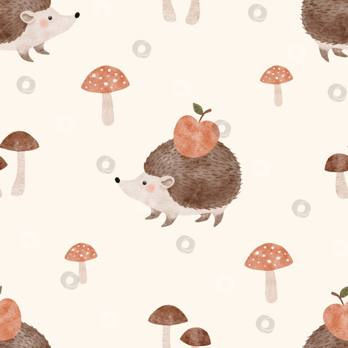 Скачать Акварельный бесшовный узор с изображением ежика с яблоком и грибами. фотосток Ozero