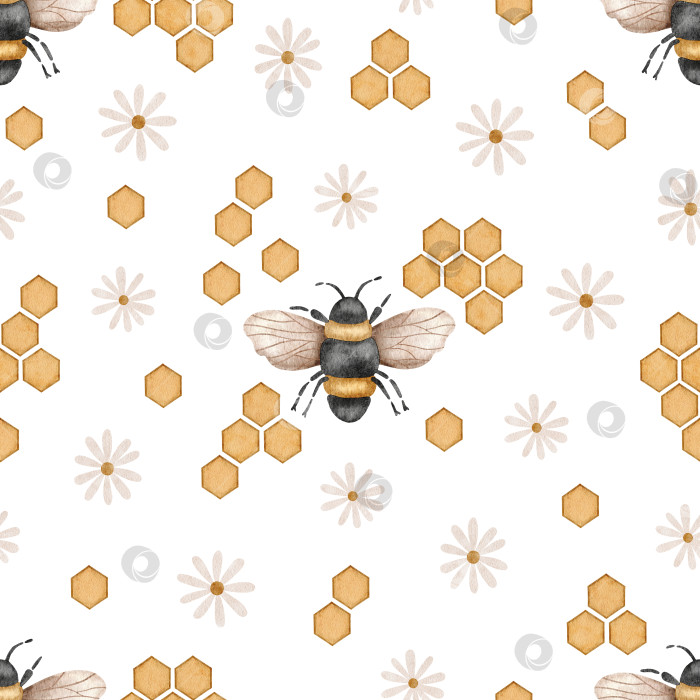 Скачать Акварельный бесшовный узор с пчелами, сотами и цветами. фотосток Ozero