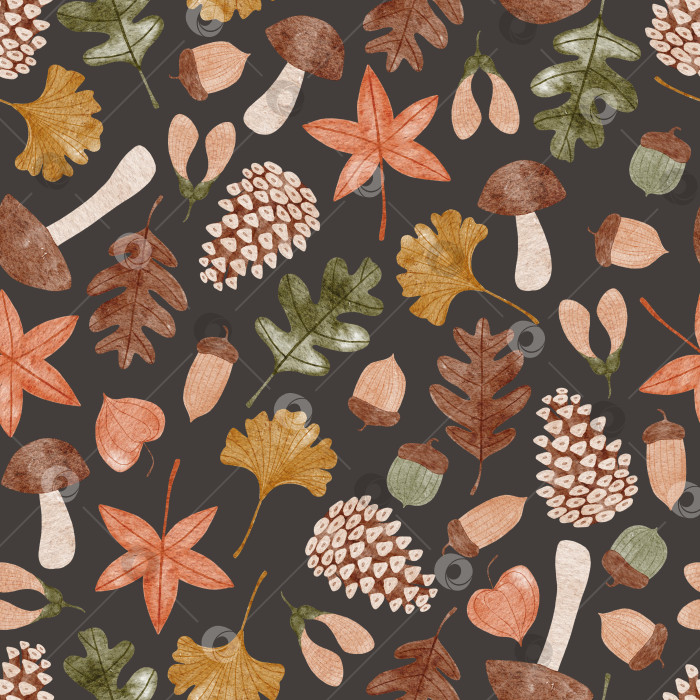 Скачать Осенний бесшовный узор с листьями, грибами, шишками, желудями и физалисом. фотосток Ozero