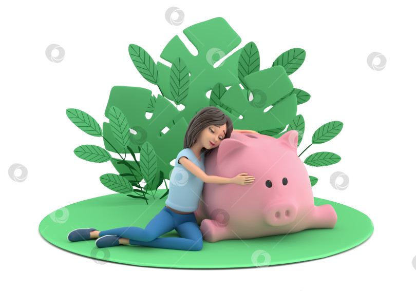Скачать Молодая женщина, улыбаясь, обнимает свинью, лежащую на животе в копилке. Концепция экономии денег. 3D рендеринг фотосток Ozero