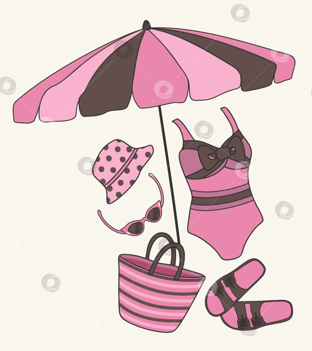 Скачать Векторный летний набор пляжных аксессуаров. Розовый и коричневый цвета. фотосток Ozero